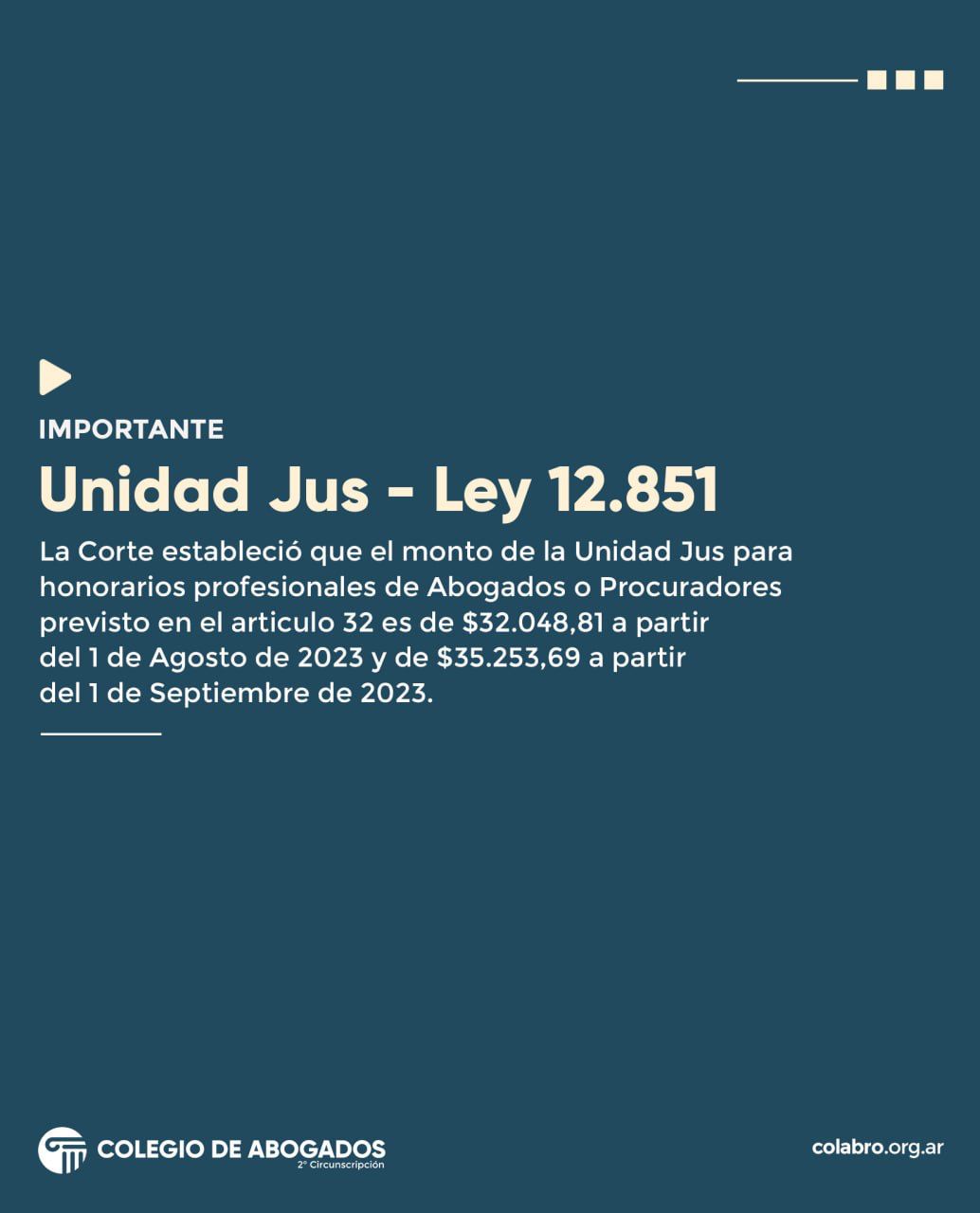 Nuevo Incremento: UNIDAD JUS - LEY 12.851